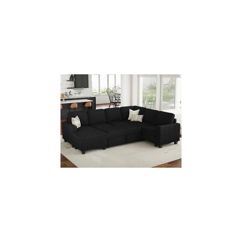 Belffin Corduroy Sleeper Sofa Bed with Storage Chaise Modular Sectional Sofa Couch with Pull Out Bed L Shaped Sectional Couches for Living Room Black Couch