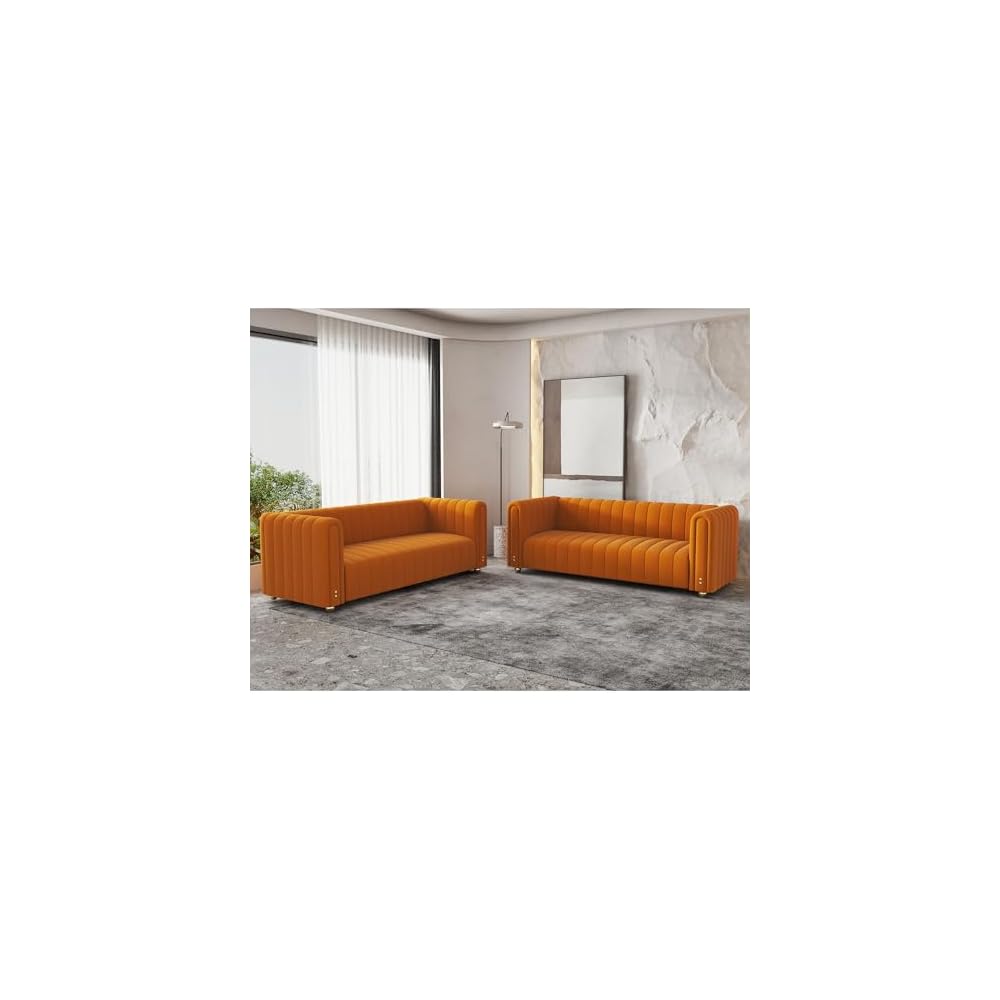 Modern Velvet Loveseat Sofa Couch for Living Room, 82" Comfy Upholstered 3 Seater Sofa Couch with Gold Metal Legs, Luxury Sectional Sofa for Bedroom Office Apartment (Orange, 3 Seater)