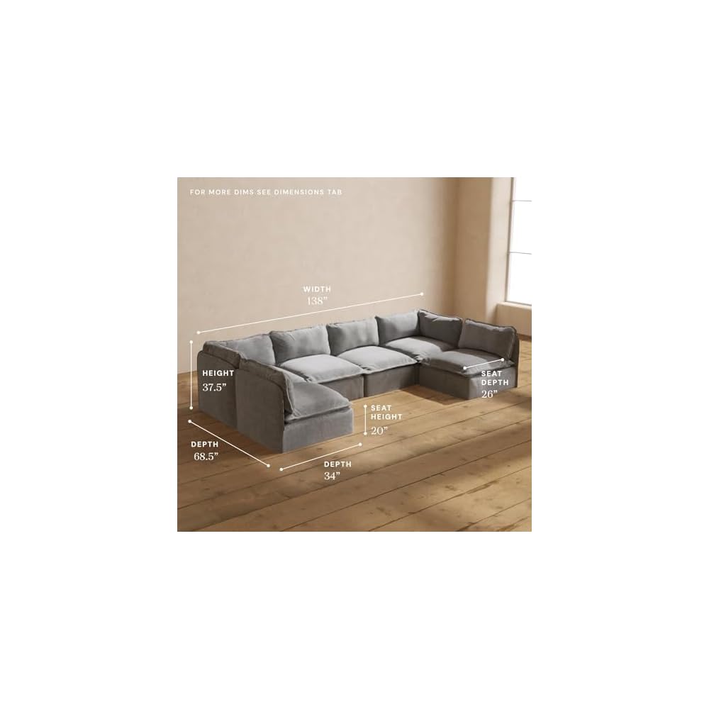 Anabei Modular Washable 6-Seater Open-Ends U-Sectional in Ash | Deluxe+ Seat | Cloud Pillow
