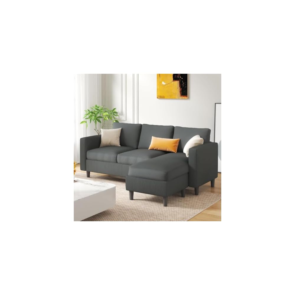 JAMFLY 3-Seat Reversible Sectional Sofa with Ottoman, Small Couch, Grey