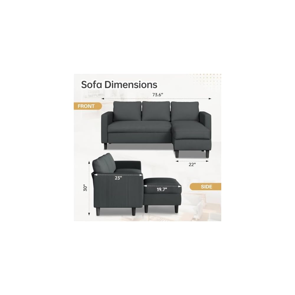 JAMFLY 3-Seat Reversible Sectional Sofa with Ottoman, Small Couch, Grey