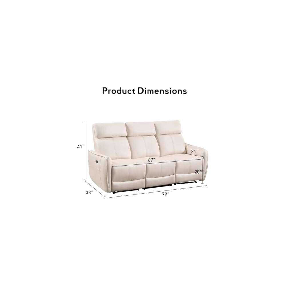 Bonzy Home Recliner Sofa Set, Electric Reclining Couch with USB & Type-C Port, Overstuffed Backrest for Living Room, 3 Seater Sofa (Off White)