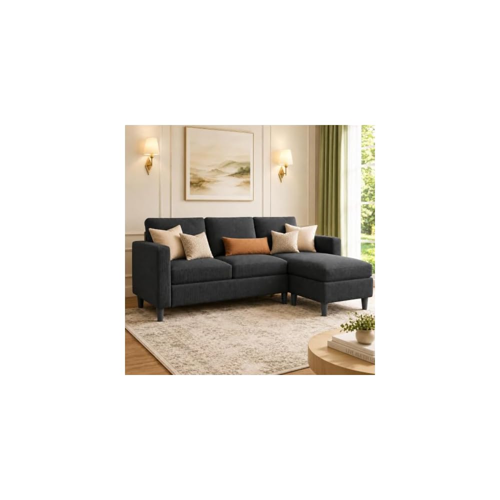 JAMFLY 3-Seat Reversible Sectional Sofa with Ottoman, Small Couch, Grey