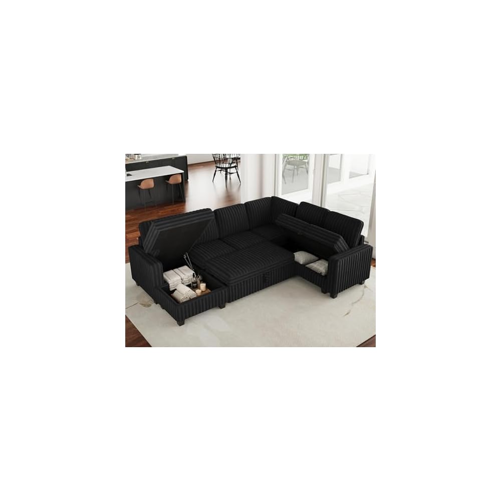 Belffin Corduroy Sleeper Sofa Bed with Storage Chaise Modular Sectional Sofa Couch with Pull Out Bed L Shaped Sectional Couches for Living Room Black Couch