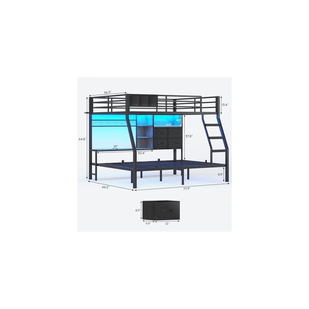 BTHFST Full Over Full Bunk Beds with Charging Station & LED Lights, Black