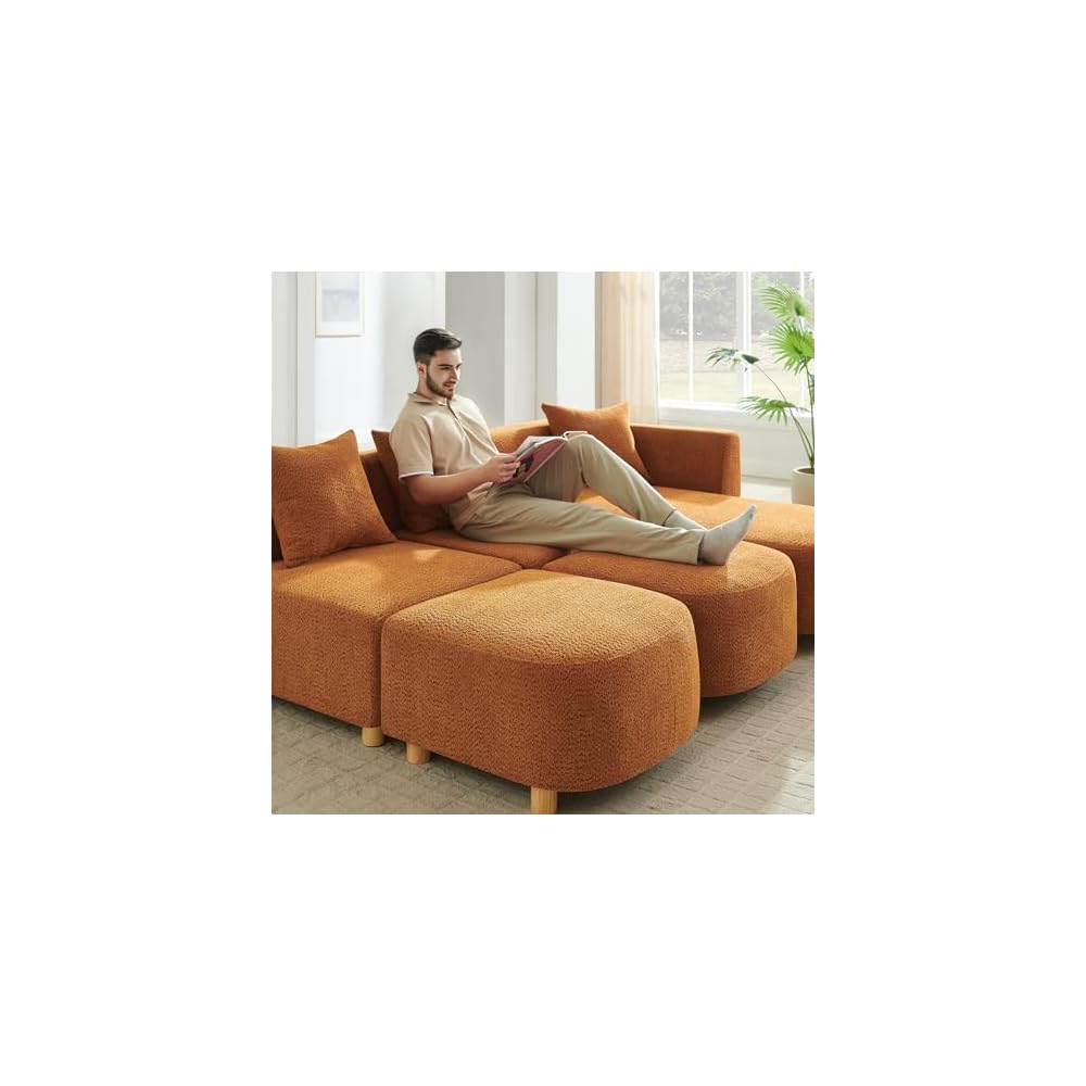 VANOMi 109.84" Modular Sectional Sofa with Pillows, 5-Seater, Boucle Curry