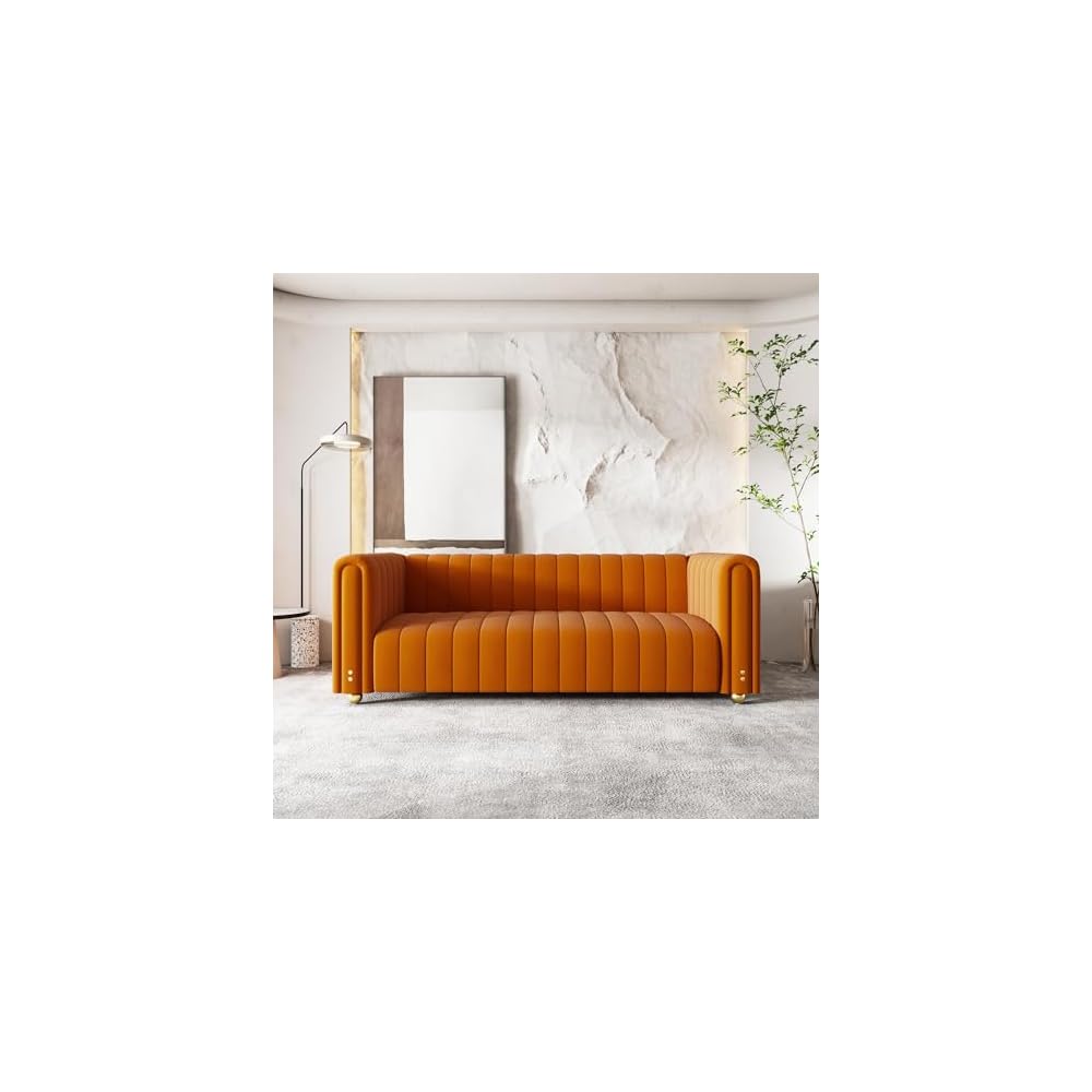 Modern Velvet Loveseat Sofa Couch for Living Room, 82" Comfy Upholstered 3 Seater Sofa Couch with Gold Metal Legs, Luxury Sectional Sofa for Bedroom Office Apartment (Orange, 3 Seater)