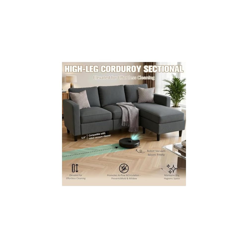 JAMFLY 3-Seat Reversible Sectional Sofa with Ottoman, Small Couch, Grey
