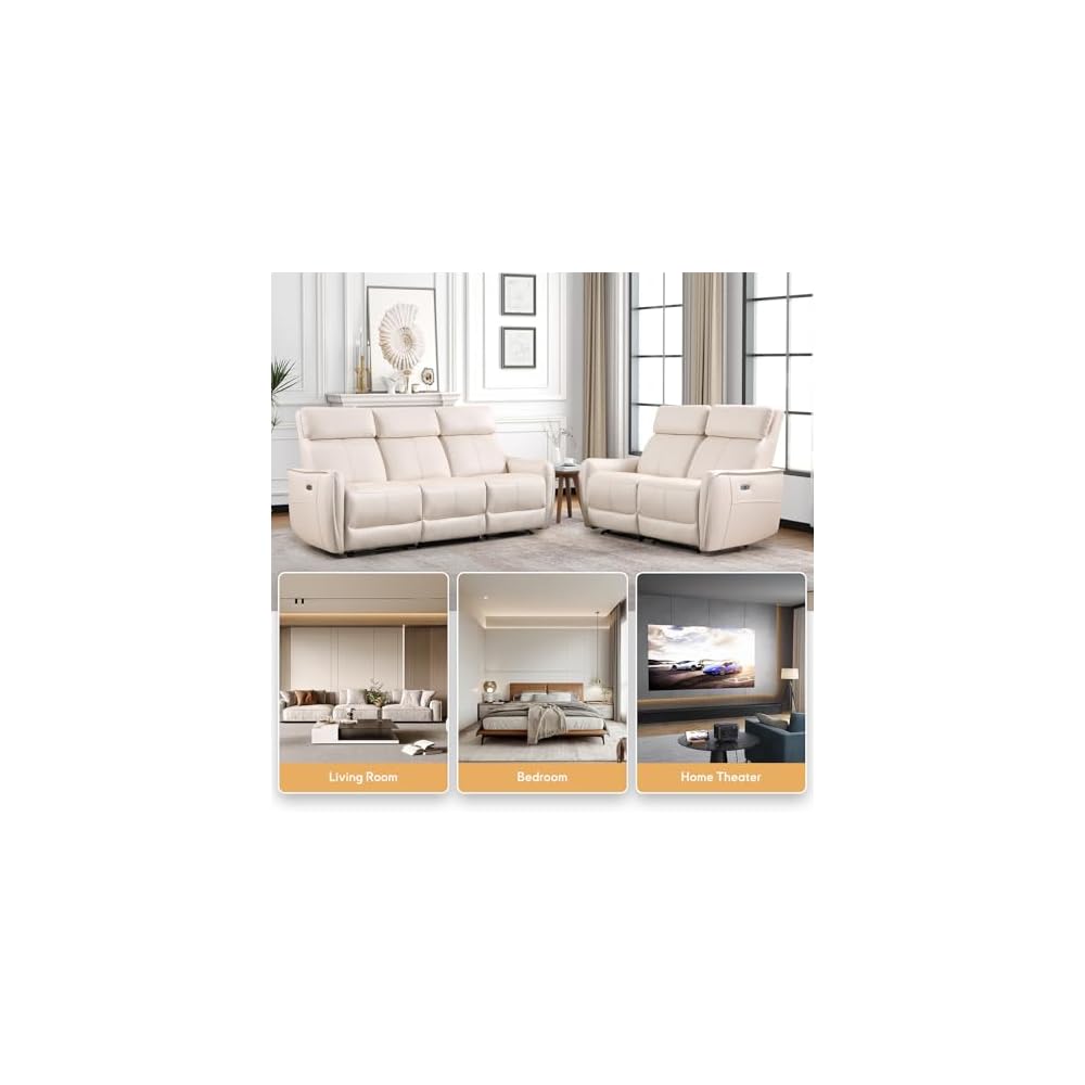 Bonzy Home Recliner Sofa Set, Electric Reclining Couch with USB & Type-C Port, Overstuffed Backrest for Living Room, 3 Seater Sofa (Off White)