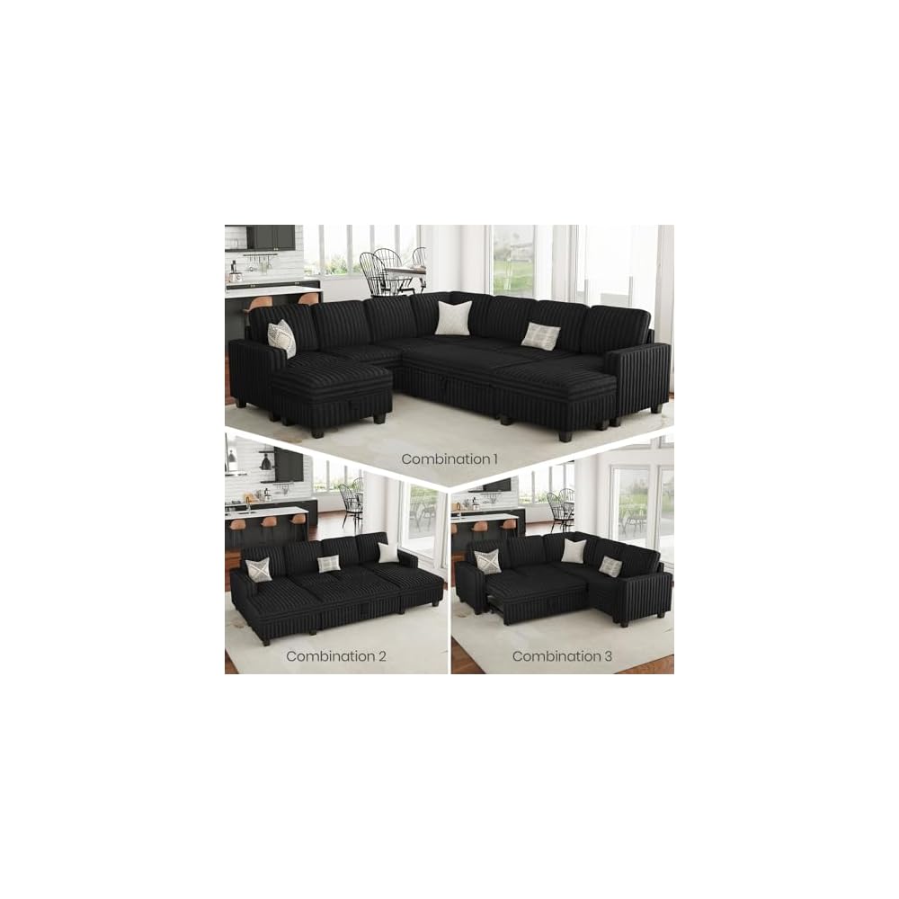 Belffin Corduroy Sleeper Sofa Bed with Storage Chaise Modular Sectional Sofa Couch with Pull Out Bed L Shaped Sectional Couches for Living Room Black Couch