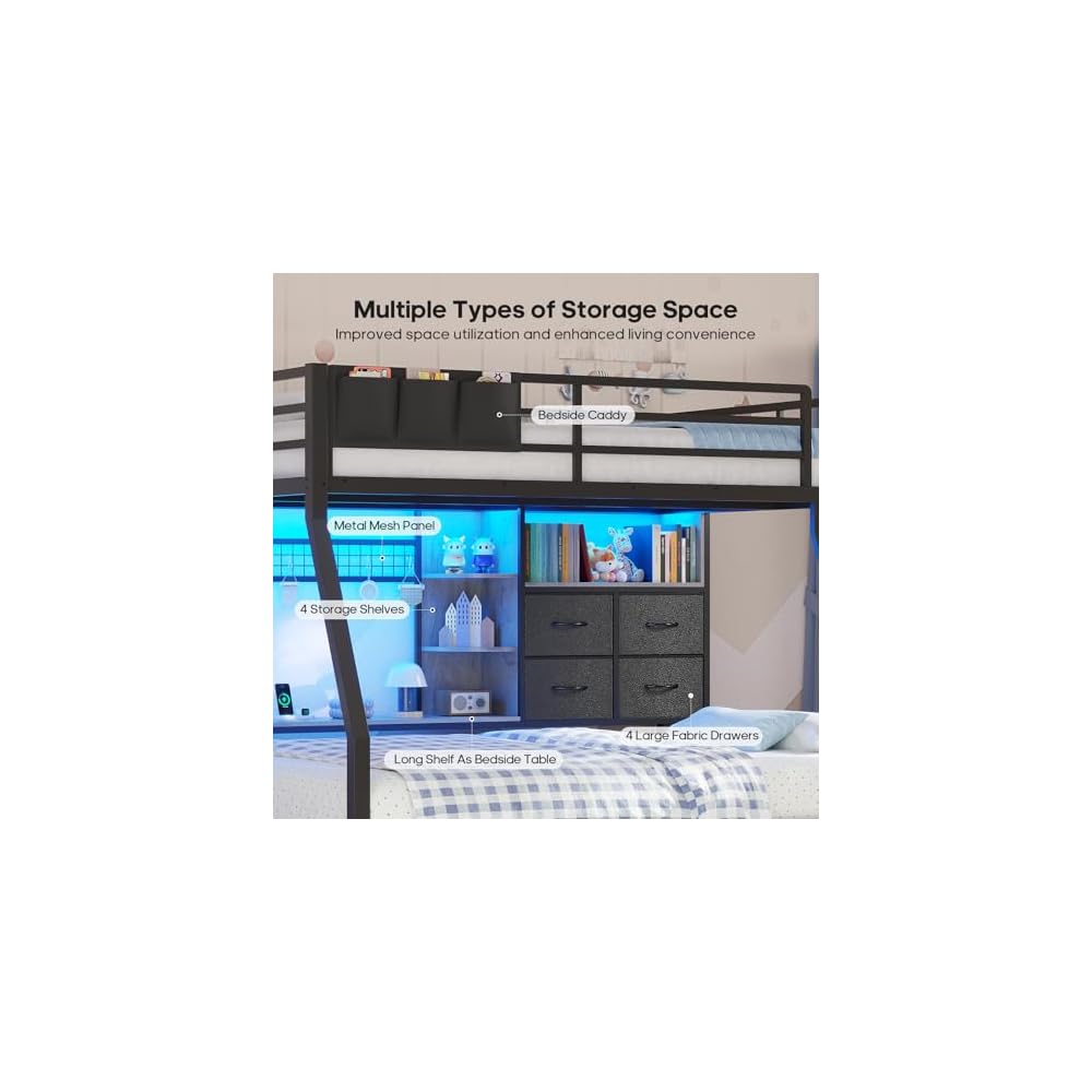 BTHFST Full Over Full Bunk Beds with Charging Station & LED Lights, Black