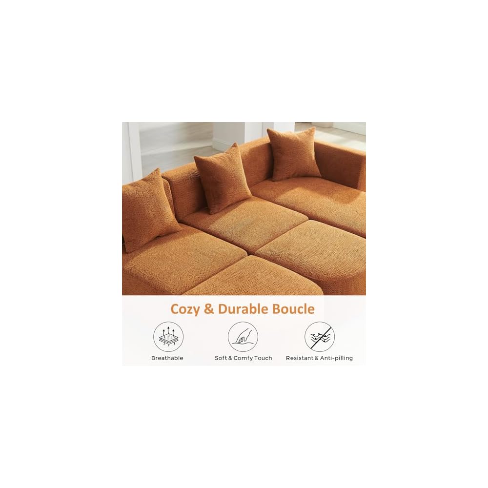 VANOMi 109.84" Modular Sectional Sofa with Pillows, 5-Seater, Boucle Curry