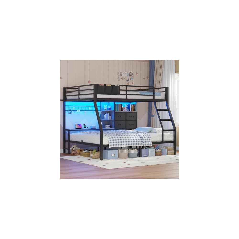 BTHFST Full Over Full Bunk Beds with Charging Station & LED Lights, Black