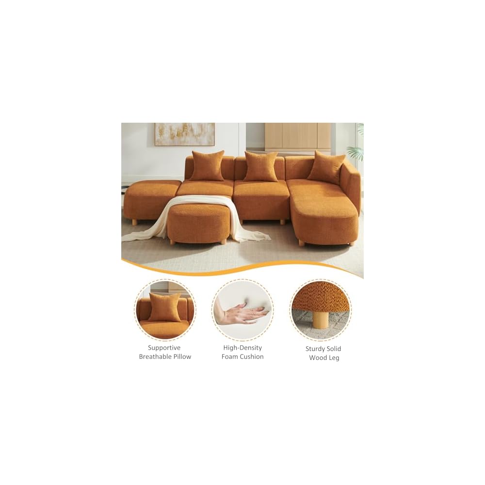 VANOMi 109.84" Modular Sectional Sofa with Pillows, 5-Seater, Boucle Curry