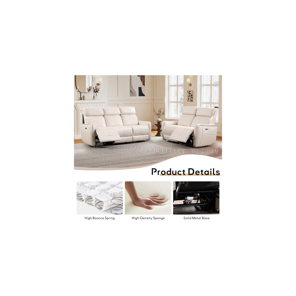Bonzy Home Recliner Sofa Set, Electric Reclining Couch with USB & Type-C Port, Overstuffed Backrest for Living Room, 3 Seater Sofa (Off White)