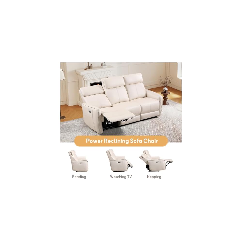 Bonzy Home Recliner Sofa Set, Electric Reclining Couch with USB & Type-C Port, Overstuffed Backrest for Living Room, 3 Seater Sofa (Off White)