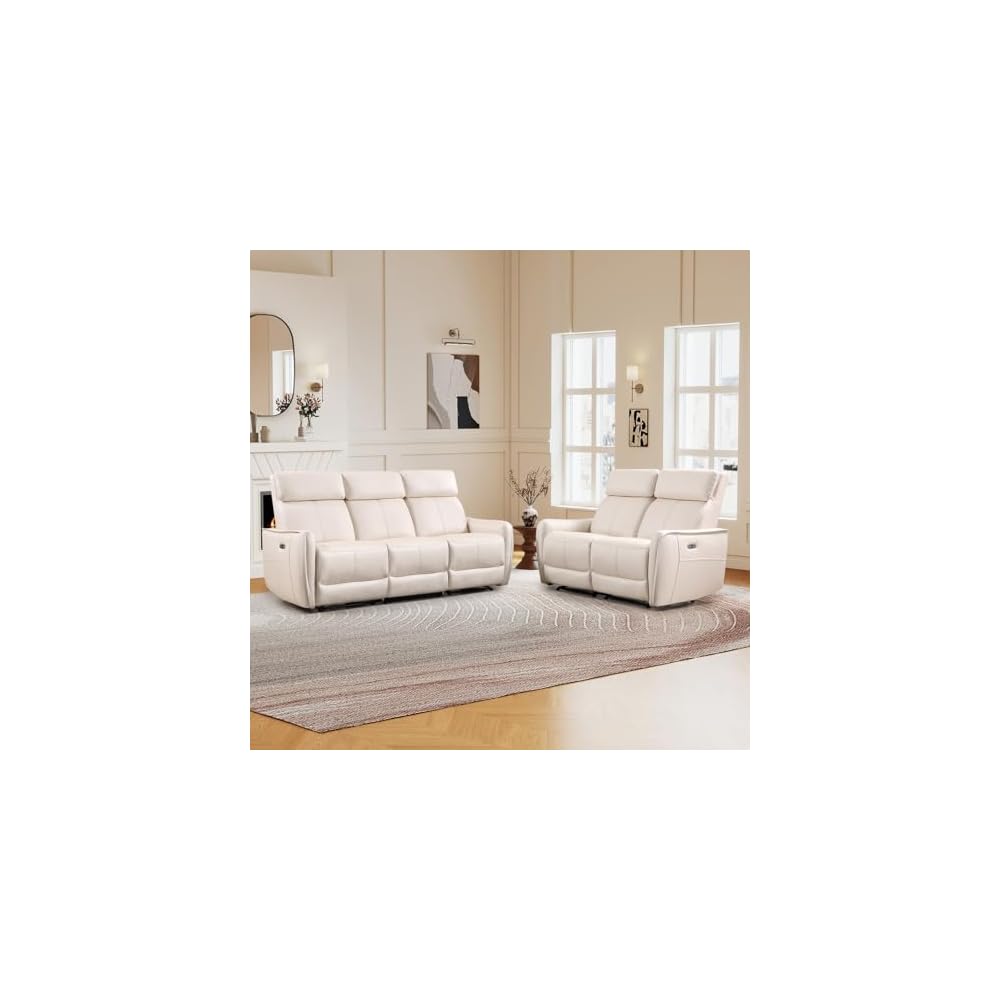 Bonzy Home Recliner Sofa Set, Electric Reclining Couch with USB & Type-C Port, Overstuffed Backrest for Living Room, 3 Seater Sofa (Off White)