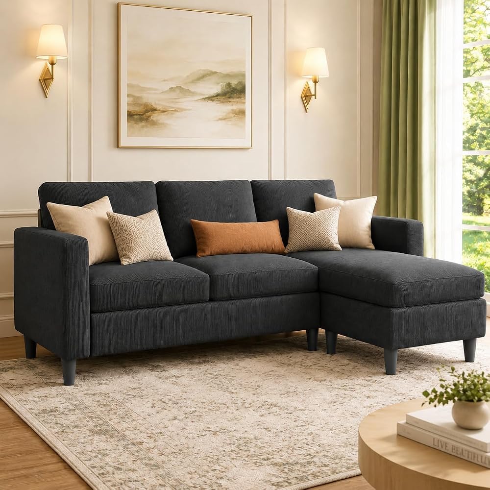 JAMFLY 3-Seat Reversible Sectional Sofa with Ottoman, Small Couch, Grey
