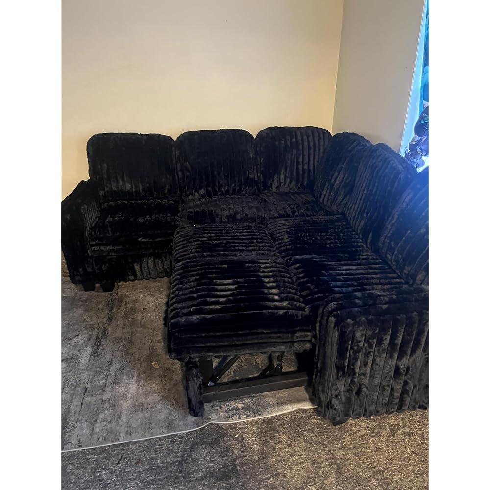 Belffin Corduroy Sleeper Sofa Bed with Storage Chaise Modular Sectional Sofa Couch with Pull Out Bed L Shaped Sectional Couches for Living Room Black Couch