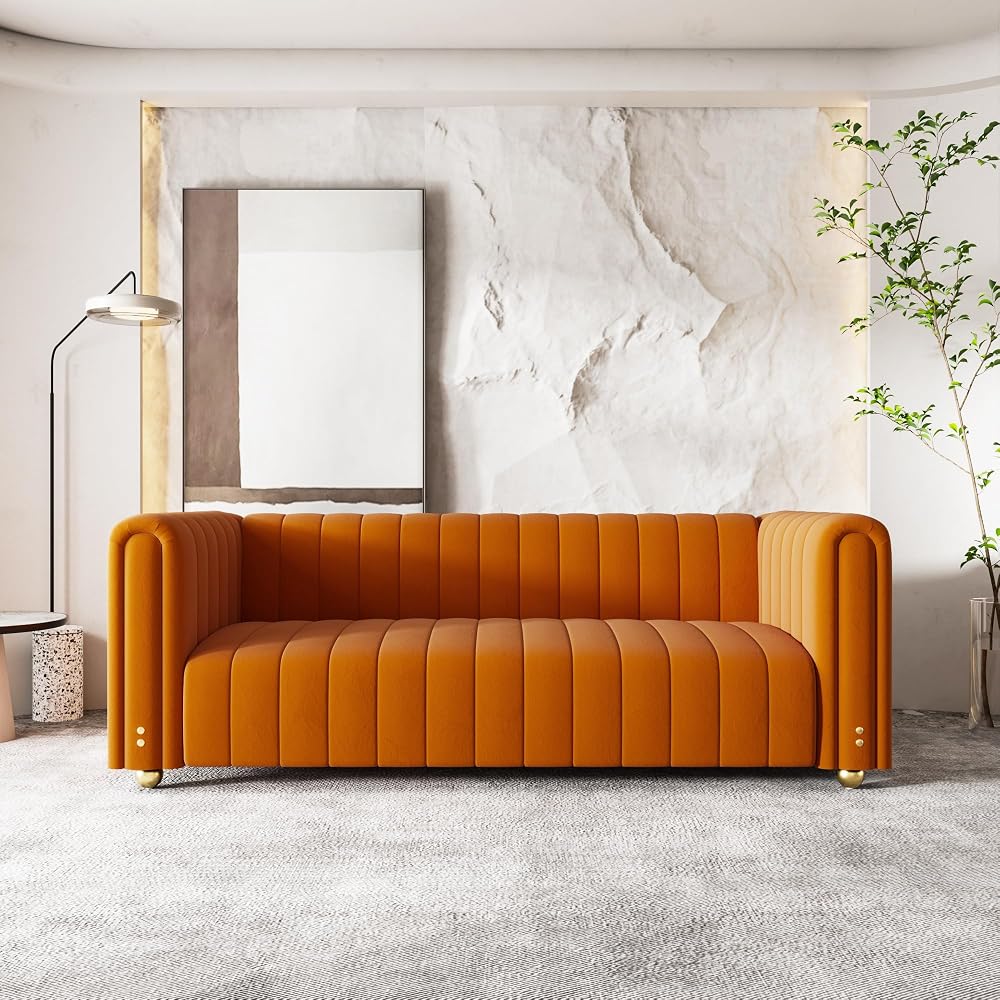 Modern Velvet Loveseat Sofa Couch for Living Room, 82" Comfy Upholstered 3 Seater Sofa Couch with Gold Metal Legs, Luxury Sectional Sofa for Bedroom Office Apartment (Orange, 3 Seater)