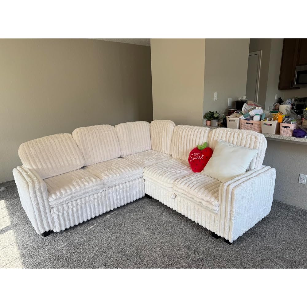 Belffin Corduroy Sleeper Sofa Bed with Storage Chaise Modular Sectional Sofa Couch with Pull Out Bed L Shaped Sectional Couches for Living Room Black Couch