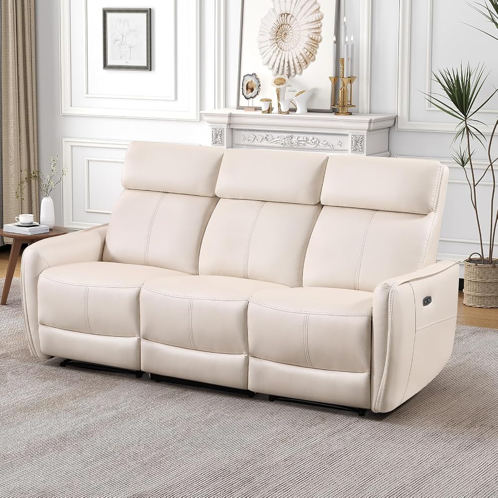 Bonzy Home Recliner Sofa Set, Electric Reclining Couch with USB & Type-C Port, Overstuffed Backrest for Living Room, 3 Seater Sofa (Off White)