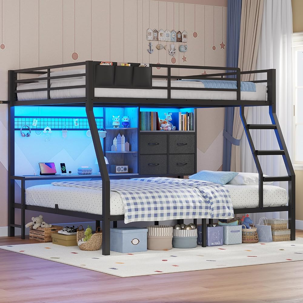 BTHFST Full Over Full Bunk Beds with Charging Station & LED Lights, Black